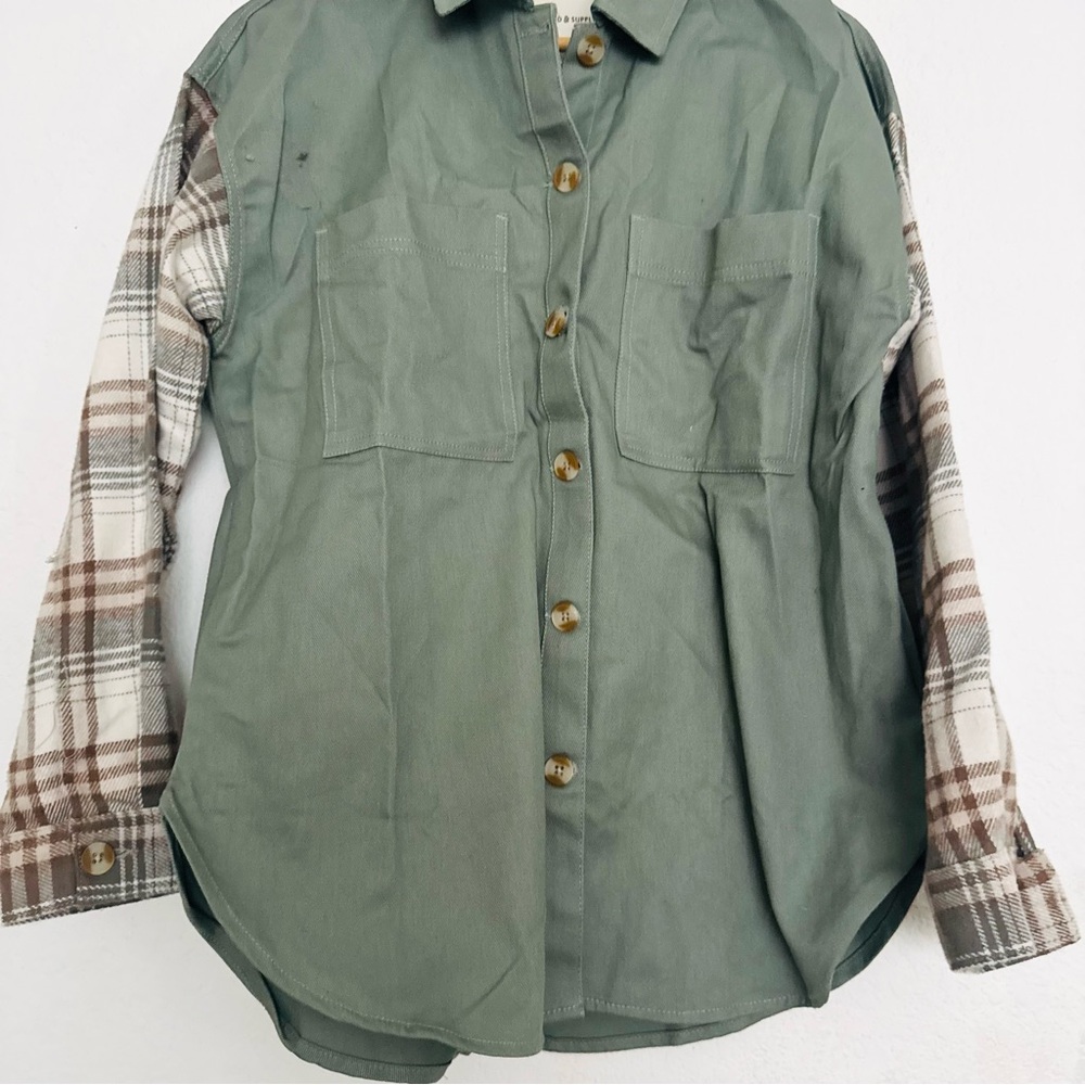 Thread & Supply Women's Button Down Shacket Top Cotton Size S Olive Tan Plaid - Picture 7 of 11